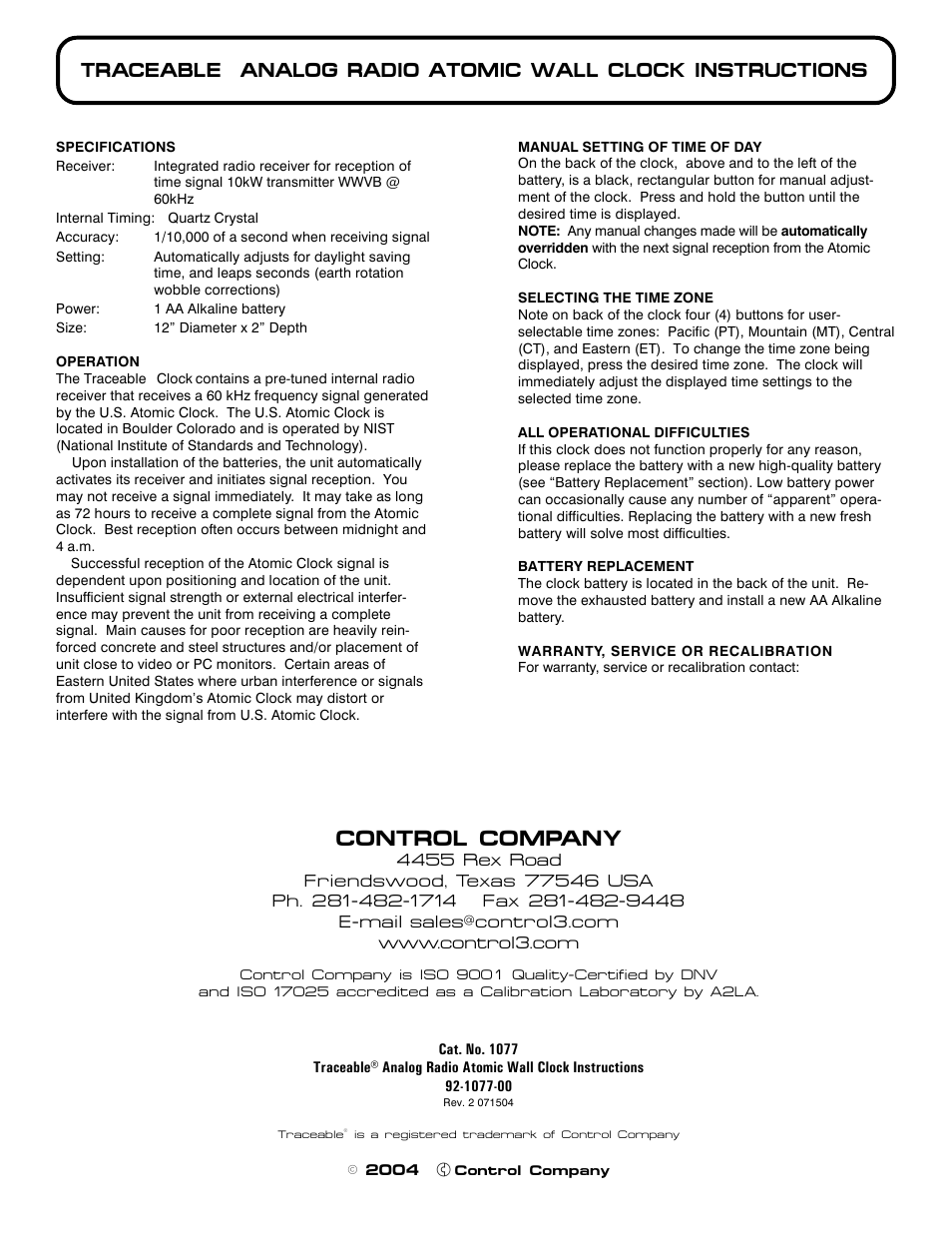 Nova-Tech 1077 TRACEABLE ANALOG RADIO ATOMIC WALL CLOCK User Manual | 1 page
