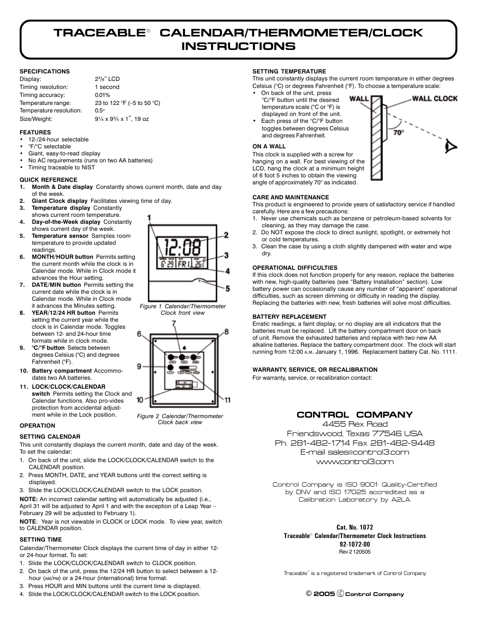 Control Company 1072 CALENDAR/THERMOMETER/CLOCK User Manual | 1 page