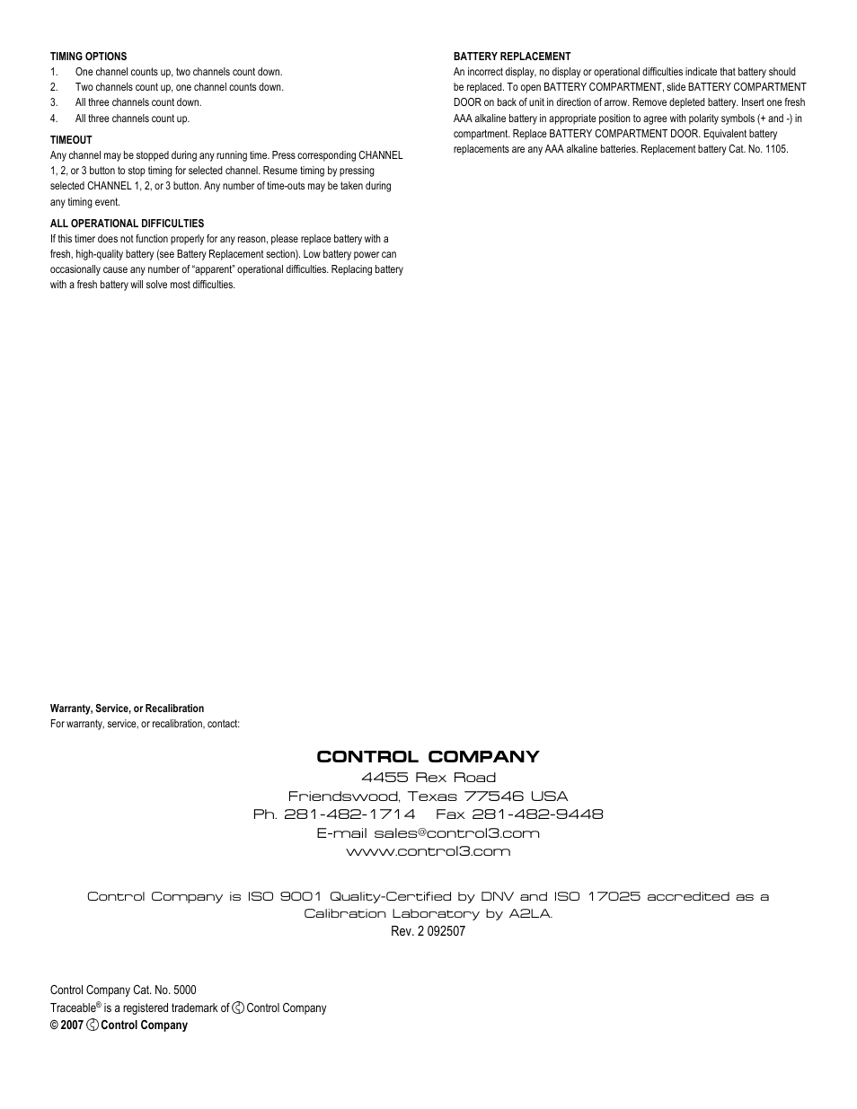 Control company | Control Company 5000 THREE-CHANNEL TIMER User Manual | Page 2 / 2