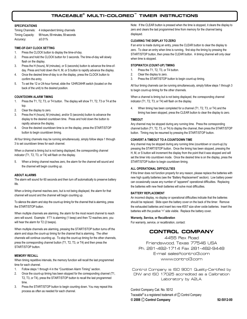 Control Company 5012 MULTI-COLORED TIMER User Manual | 1 page