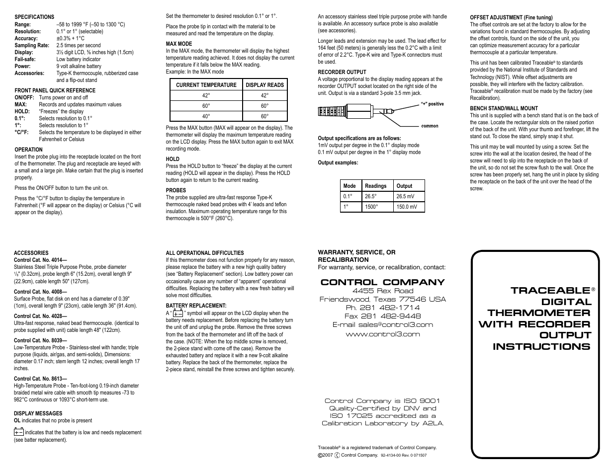 Control Company 4134 DIGITALTHERMOMETER WITH RECORDER OUTPUT User Manual | 1 page