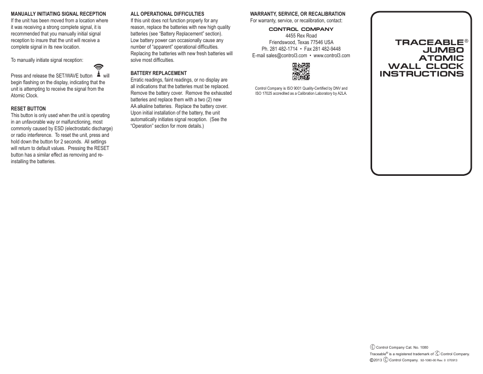 Traceable jumbo atomic wall clock instructions | Control Company 1080 JUMBO ATOMIC WALL CLOCK User Manual | Page 2 / 2