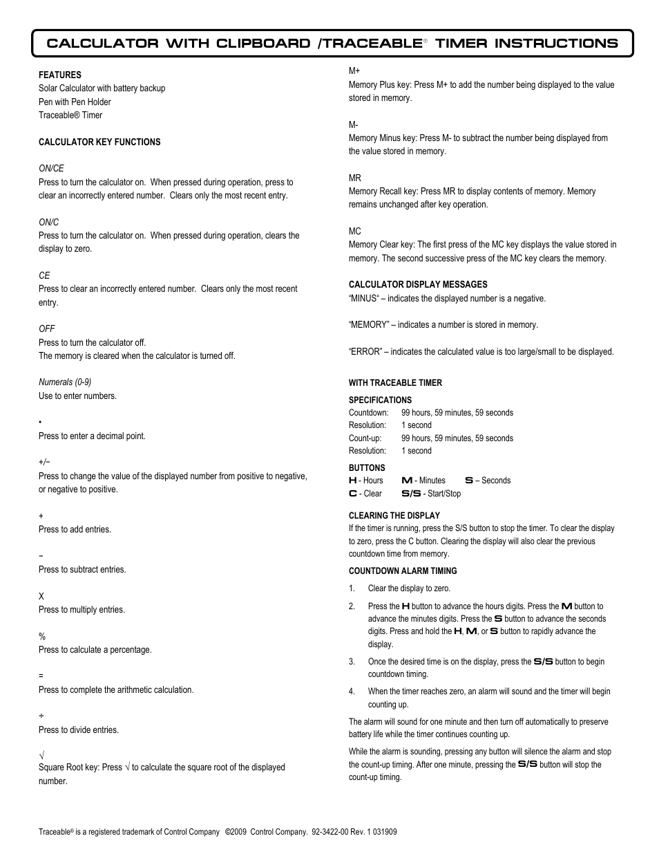 Control Company 3422 CALCULATOR User Manual | 2 pages