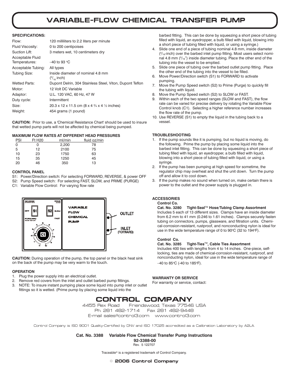 Control Company 3388 VARIABLE-FLOW CHEMICAL TRANSFER PUMP User Manual | 1 page