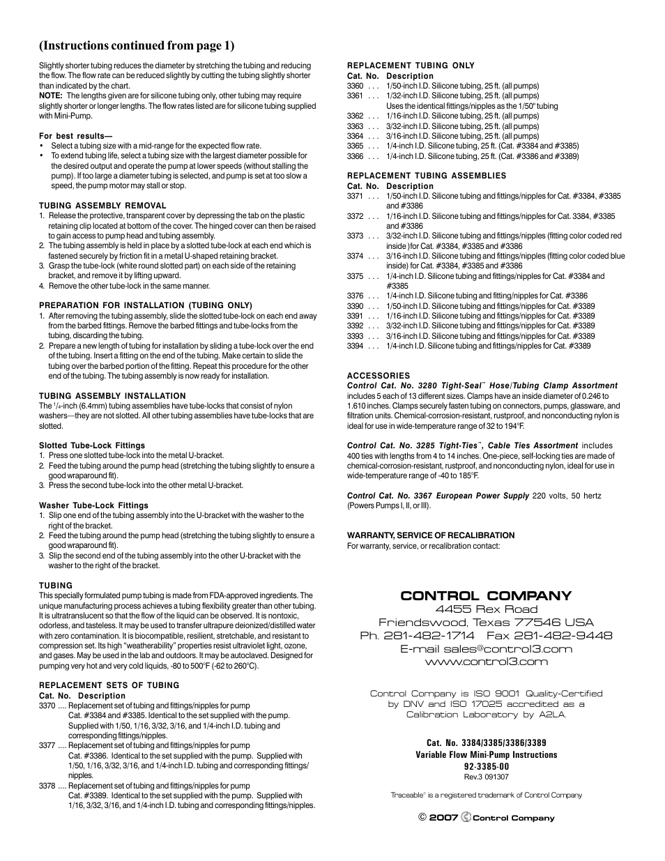 Control company, Instructions continued from page 1) | Nova-Tech 3389 VARIABLE FLOW MINI-PUMP User Manual | Page 2 / 2