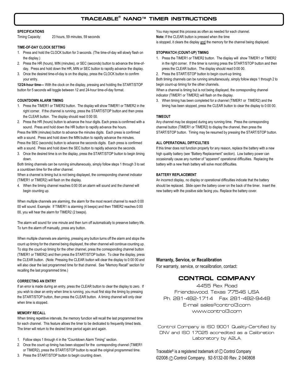 Control Company 5132 NANO TIMER User Manual | 1 page