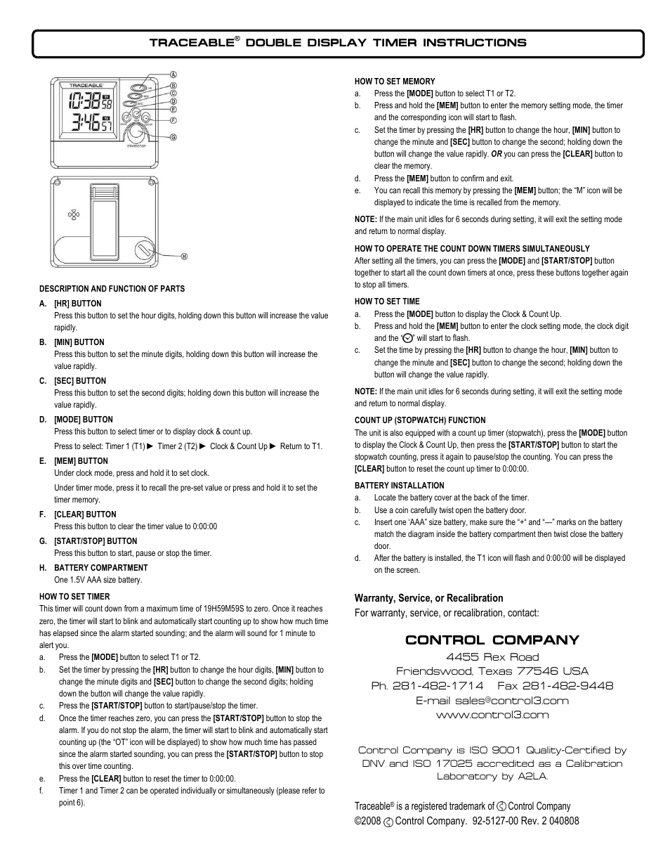 Control Company 5127 DOUBLE DISPLAY TIMER User Manual | 1 page