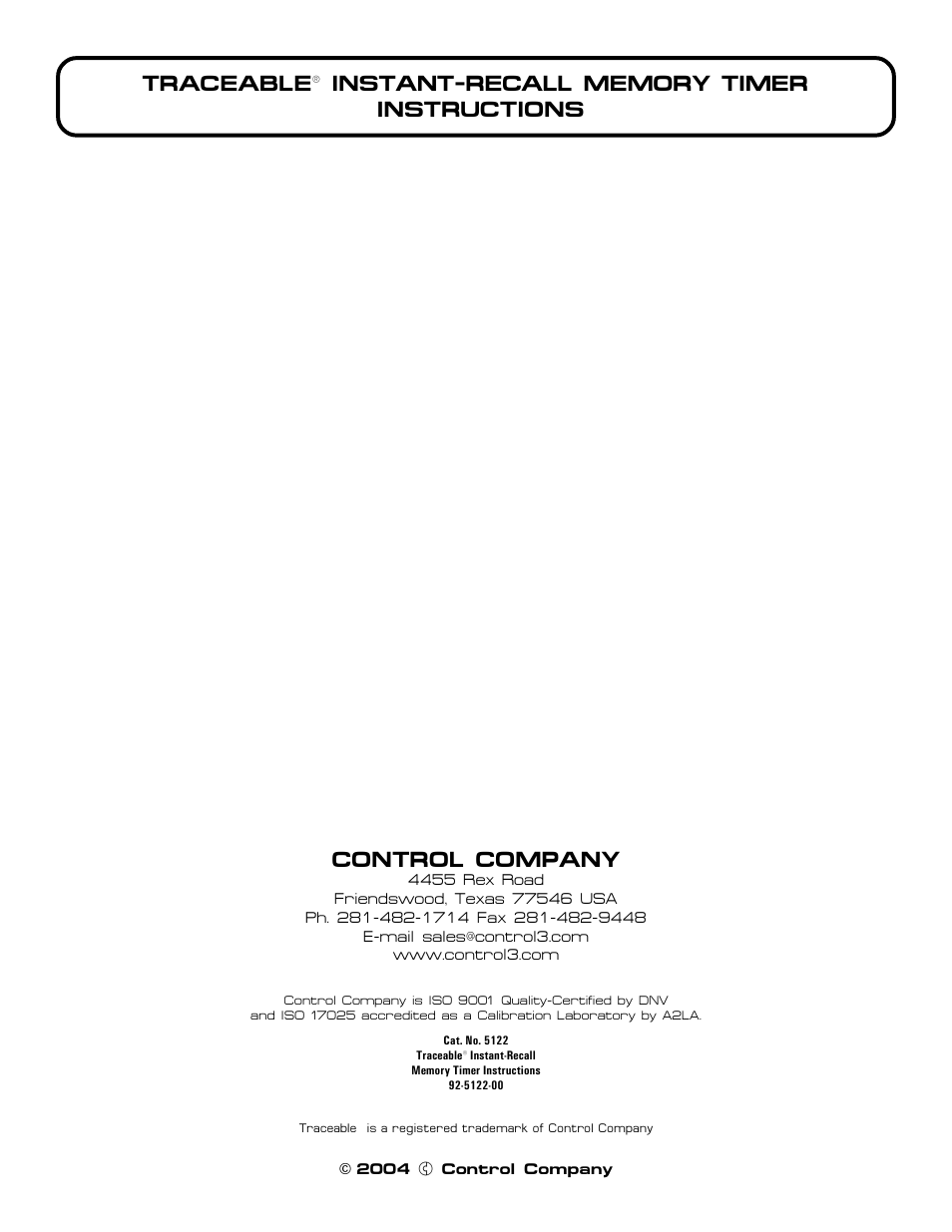 Control Company 5122 INSTANT-RECALL MEMORY TIMER User Manual | 1 page