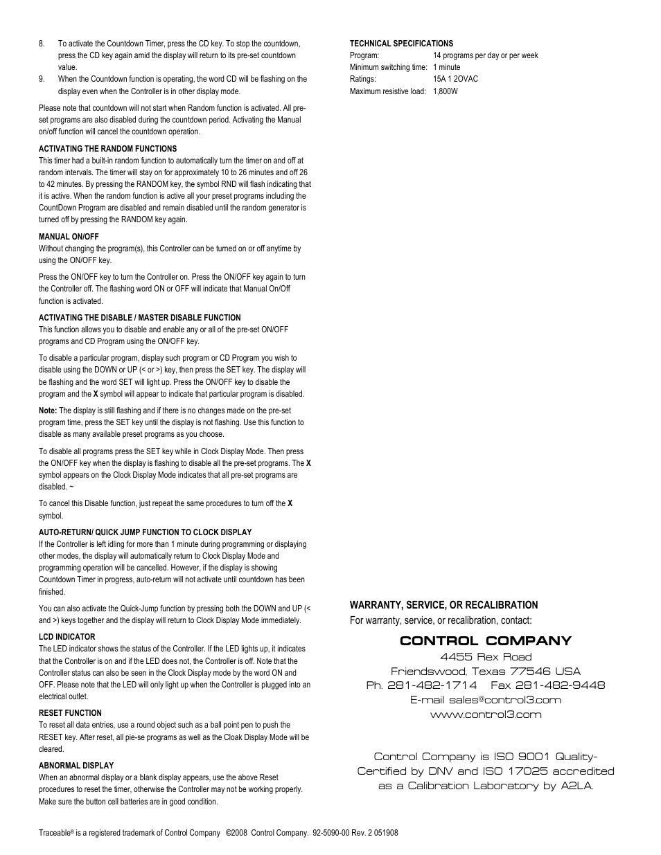 Control company | Control Company 5090 OUTLET CONTROLLER User Manual | Page 2 / 2