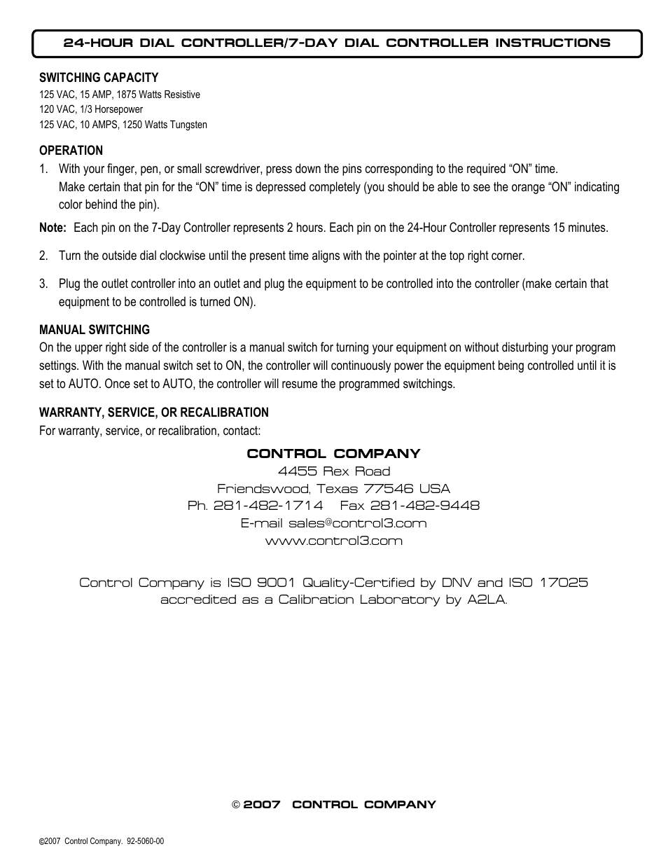 Control Company 5060 24-HOUR DIAL CONTROLLER/7-DAY DIAL CONTROLLER User Manual | 1 page