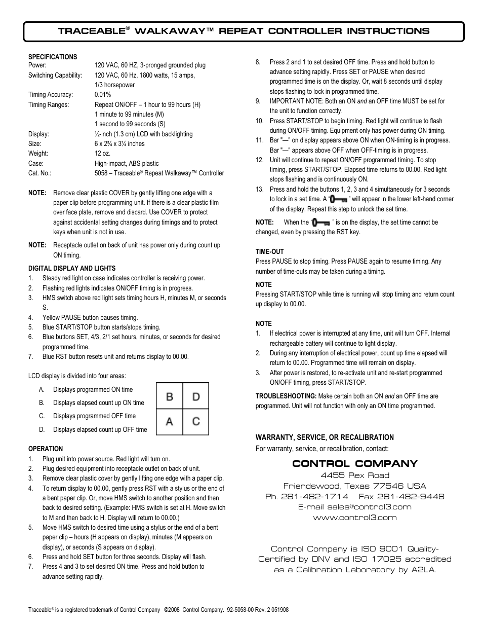 Control Company 5058 WALKAWAY REPEAT CONTROLLER User Manual | 1 page