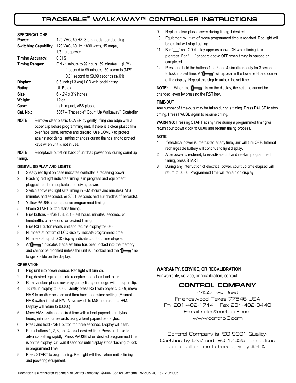 Control Company 5057 WALKAWAY CONTROLLER User Manual | 1 page