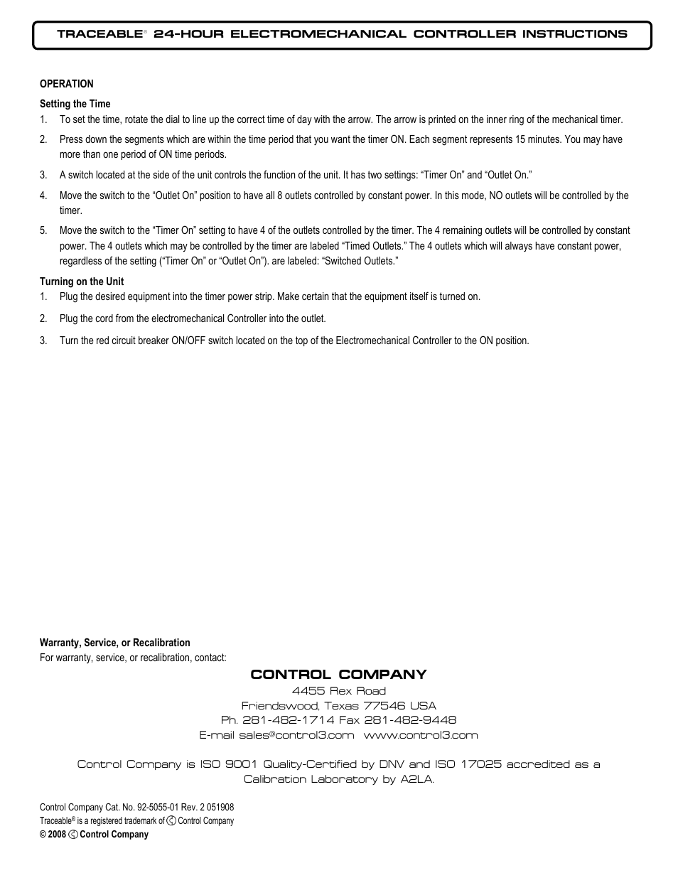 Control Company 5055 24-HOUR ELECTROMECHANICAL CONTROLLER User Manual | 1 page