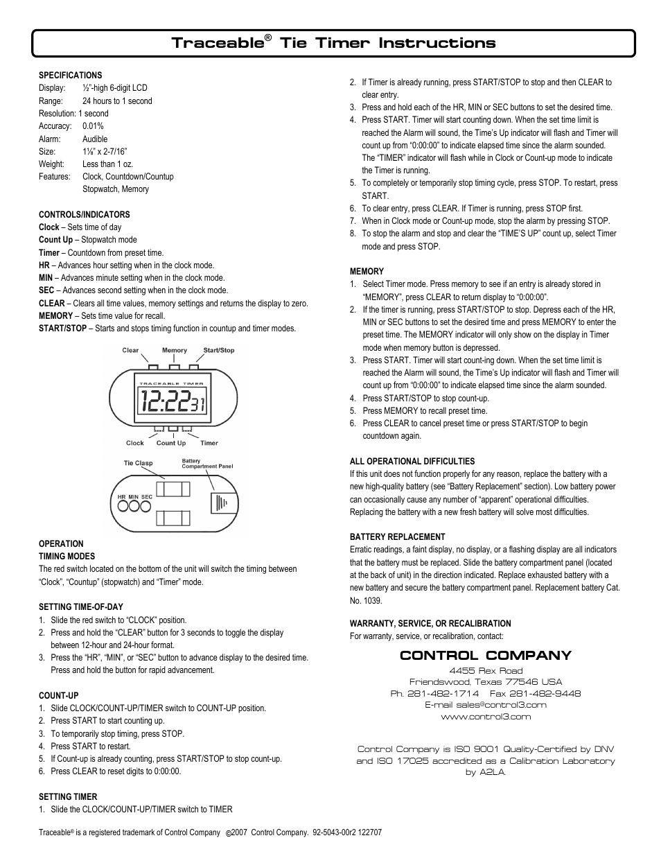 Control Company 5043 TRACEABLE TIE TIMER User Manual | 1 page