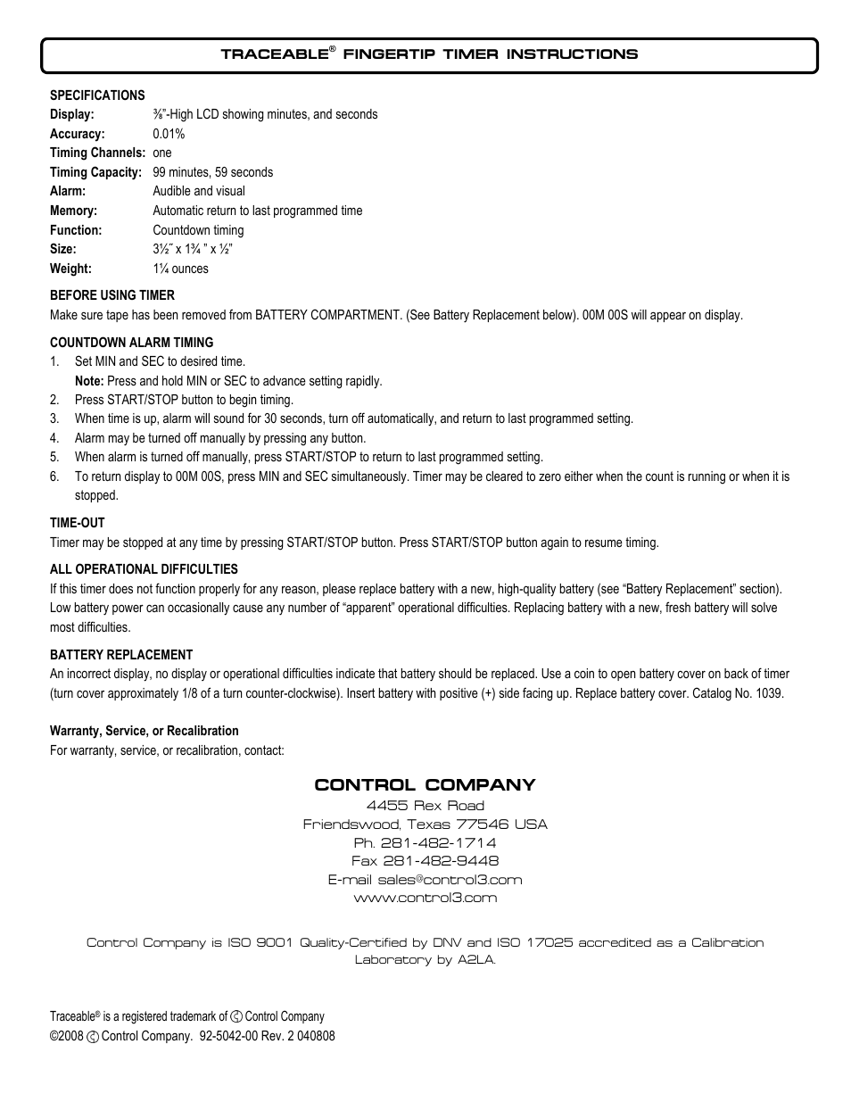 Nova-Tech 5042 TRACEABLE FINGERTIP TIMER User Manual | 1 page