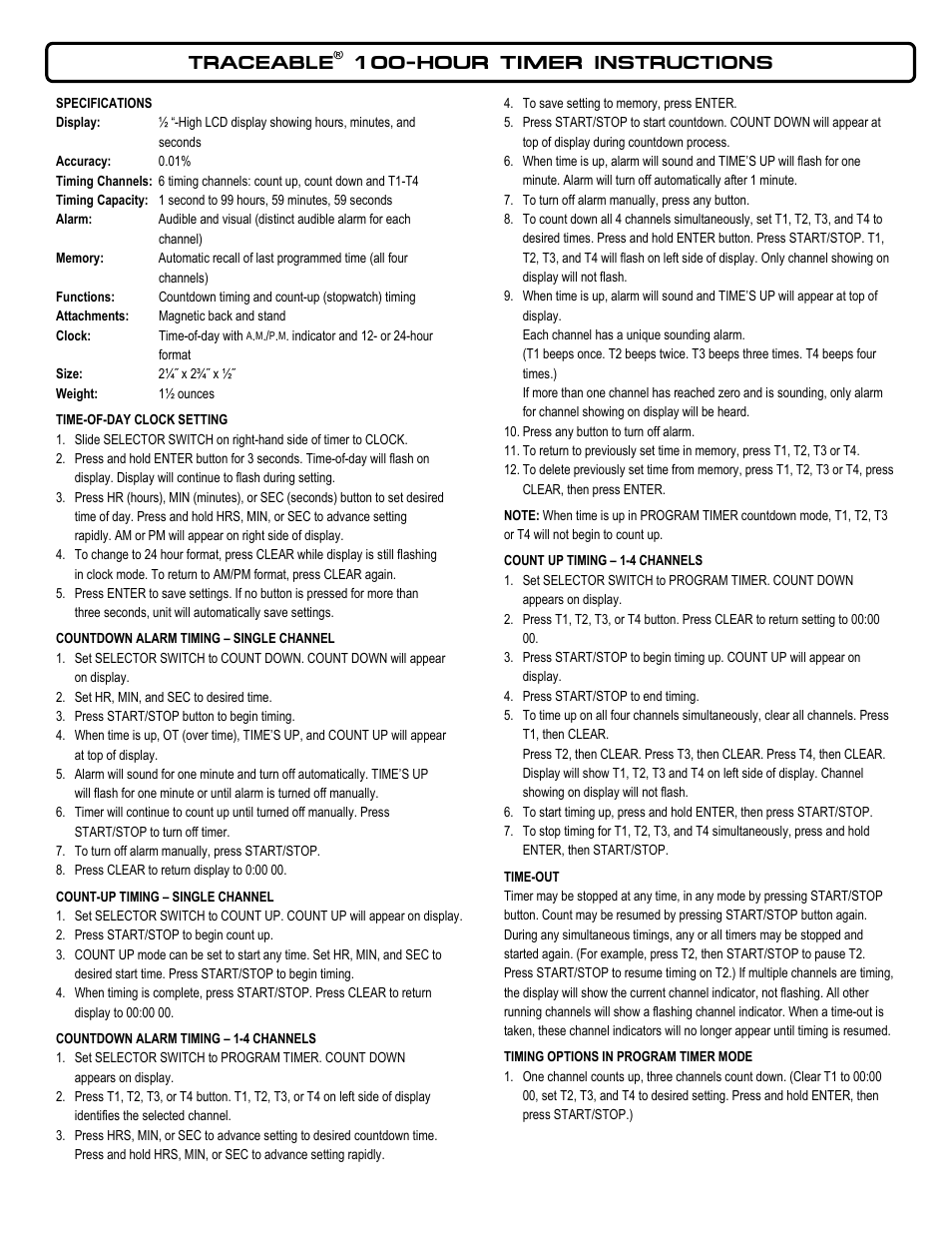 Nova-Tech 5040 TRACEABLE 100-HOUR TIMER User Manual | 2 pages