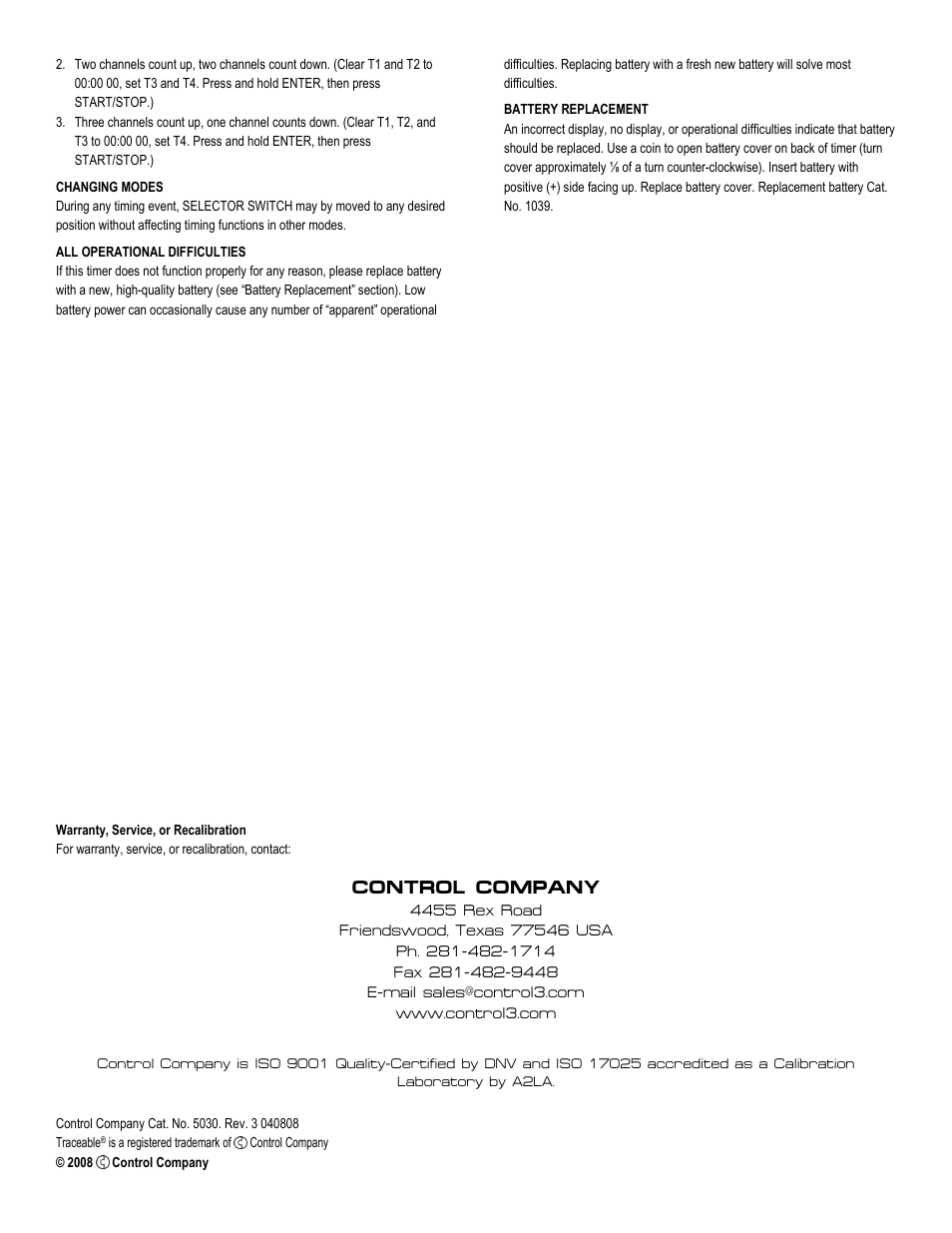 Control company | Nova-Tech 5040 TRACEABLE 100-HOUR TIMER User Manual | Page 2 / 2