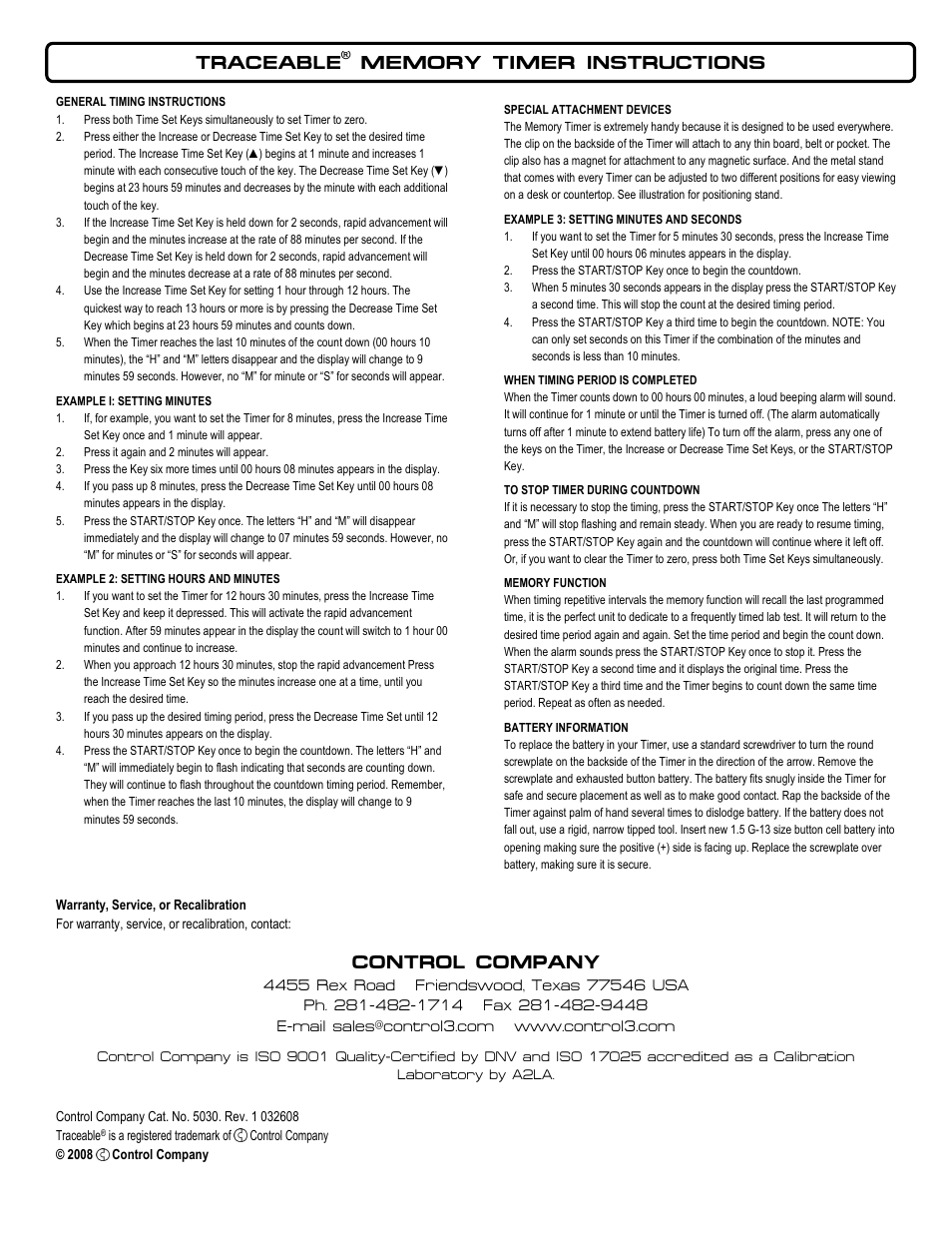 Control Company 5030 MEMORY TIMER User Manual | 1 page