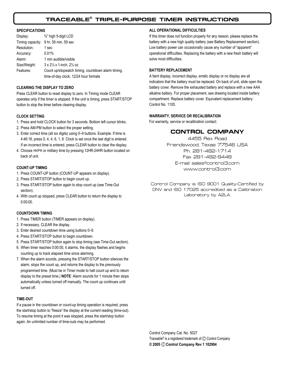 Control Company 5027 TRIPLE-PURPOSE TIMER User Manual | 1 page