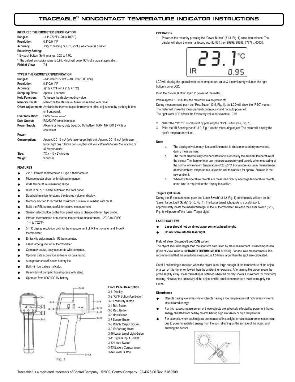Control Company 4375 NONCONTACT TEMPERATURE INDICATOR User Manual | 2 pages