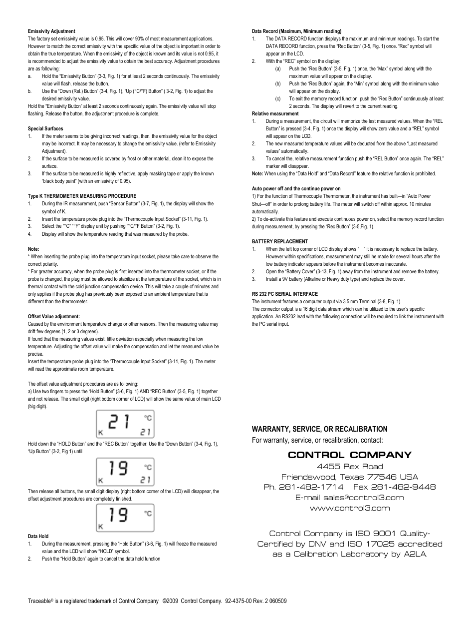 Control company | Control Company 4375 NONCONTACT TEMPERATURE INDICATOR User Manual | Page 2 / 2