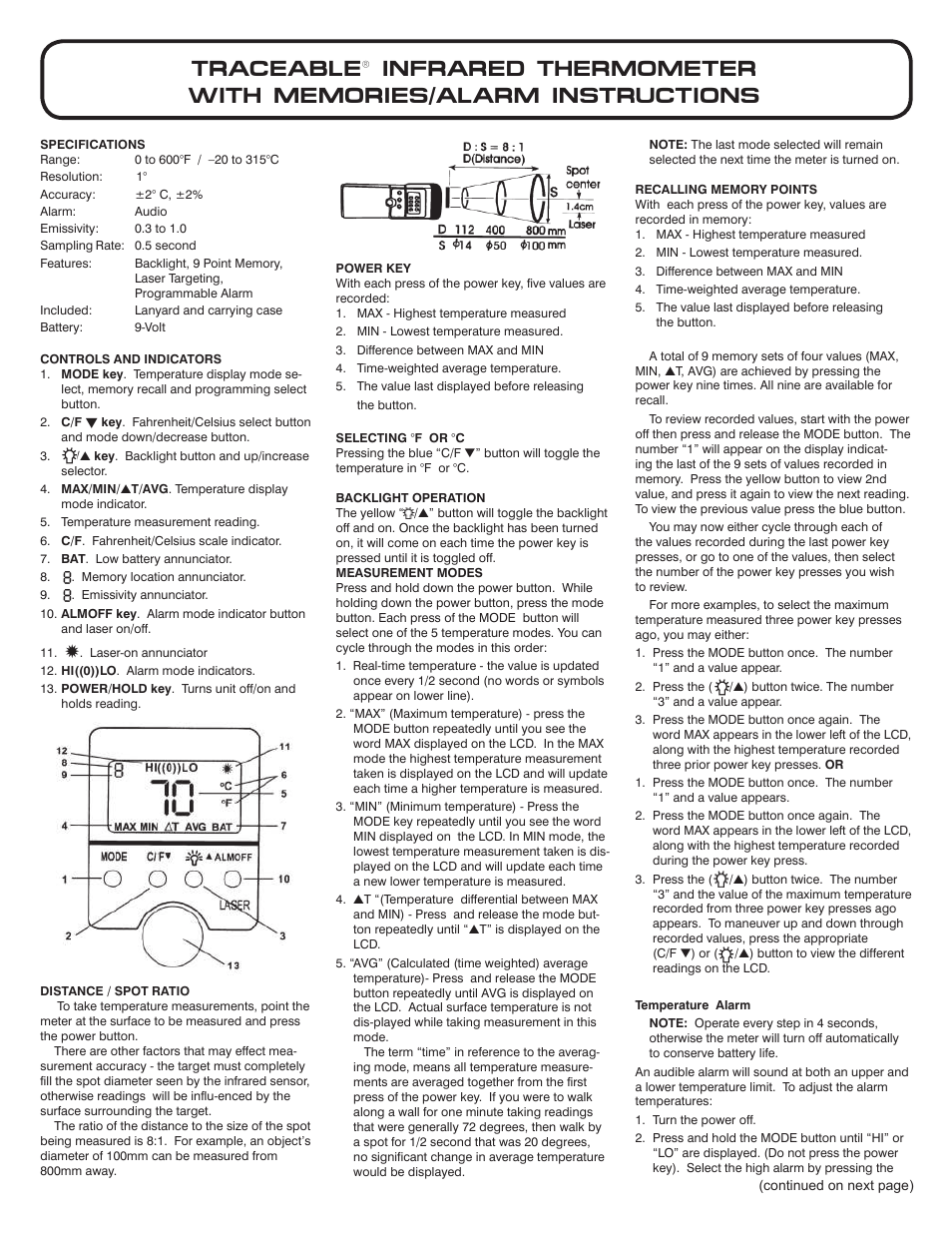 Control Company 4472 INFRARED THERMOMETER WITH MEMORIES/ALARM User Manual | 2 pages