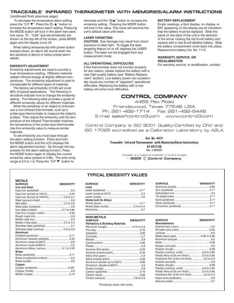 Control company, Typical emissivity values | Control Company 4472 INFRARED THERMOMETER WITH MEMORIES/ALARM User Manual | Page 2 / 2