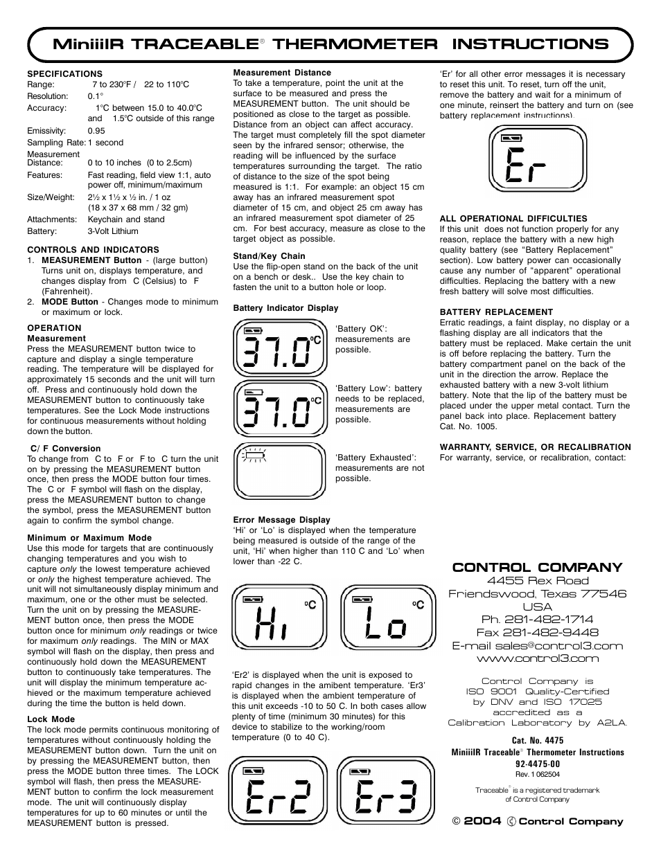 Control Company 4475 MiniiiIR TRACEABLE THERMOMETER User Manual | 1 page