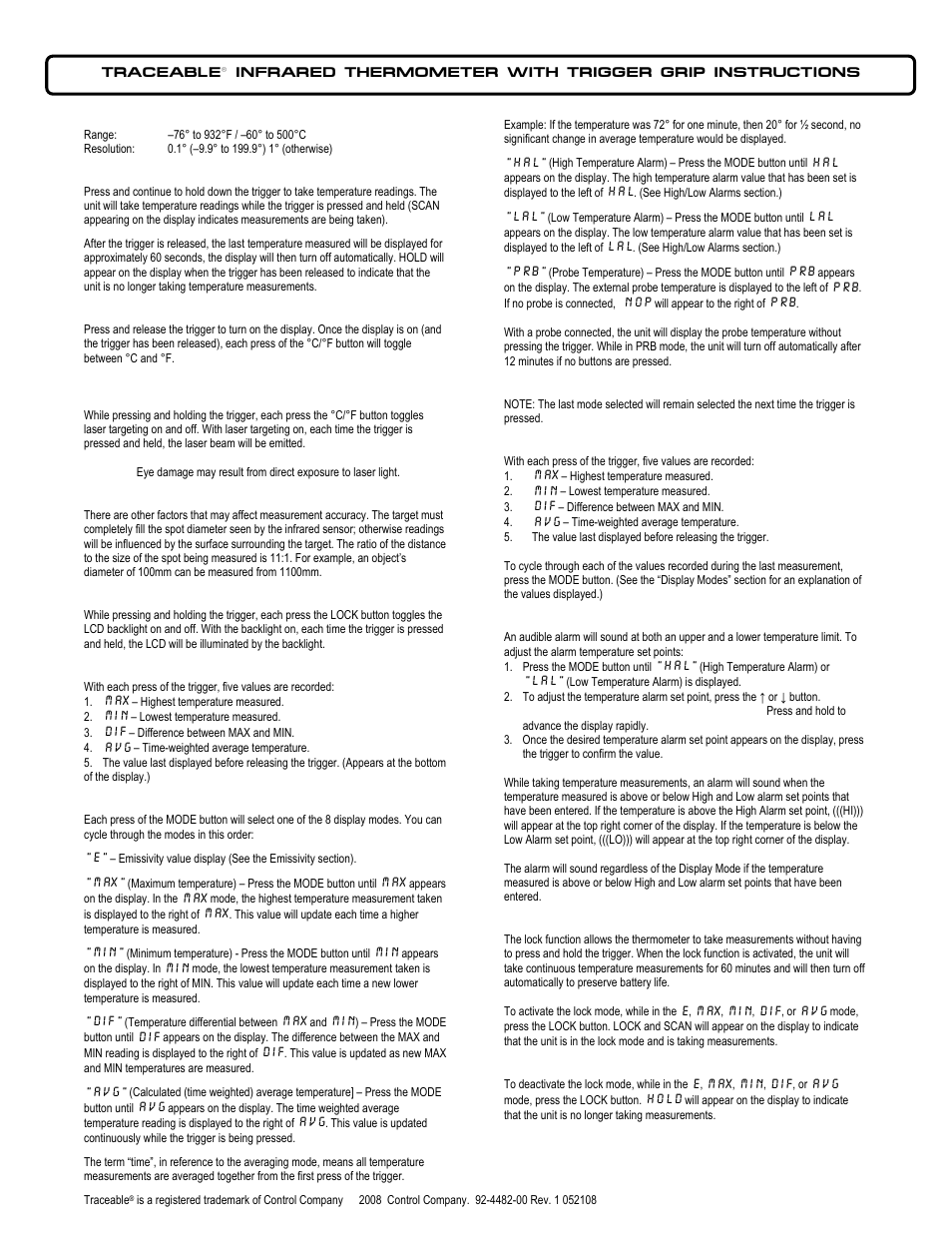 Control Company 4482 INFRARED THERMOMETER WITH TRIGGER GRIP User Manual | 2 pages