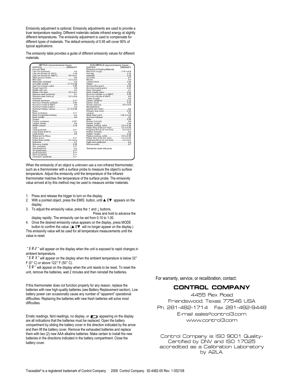 Control company | Control Company 4482 INFRARED THERMOMETER WITH TRIGGER GRIP User Manual | Page 2 / 2