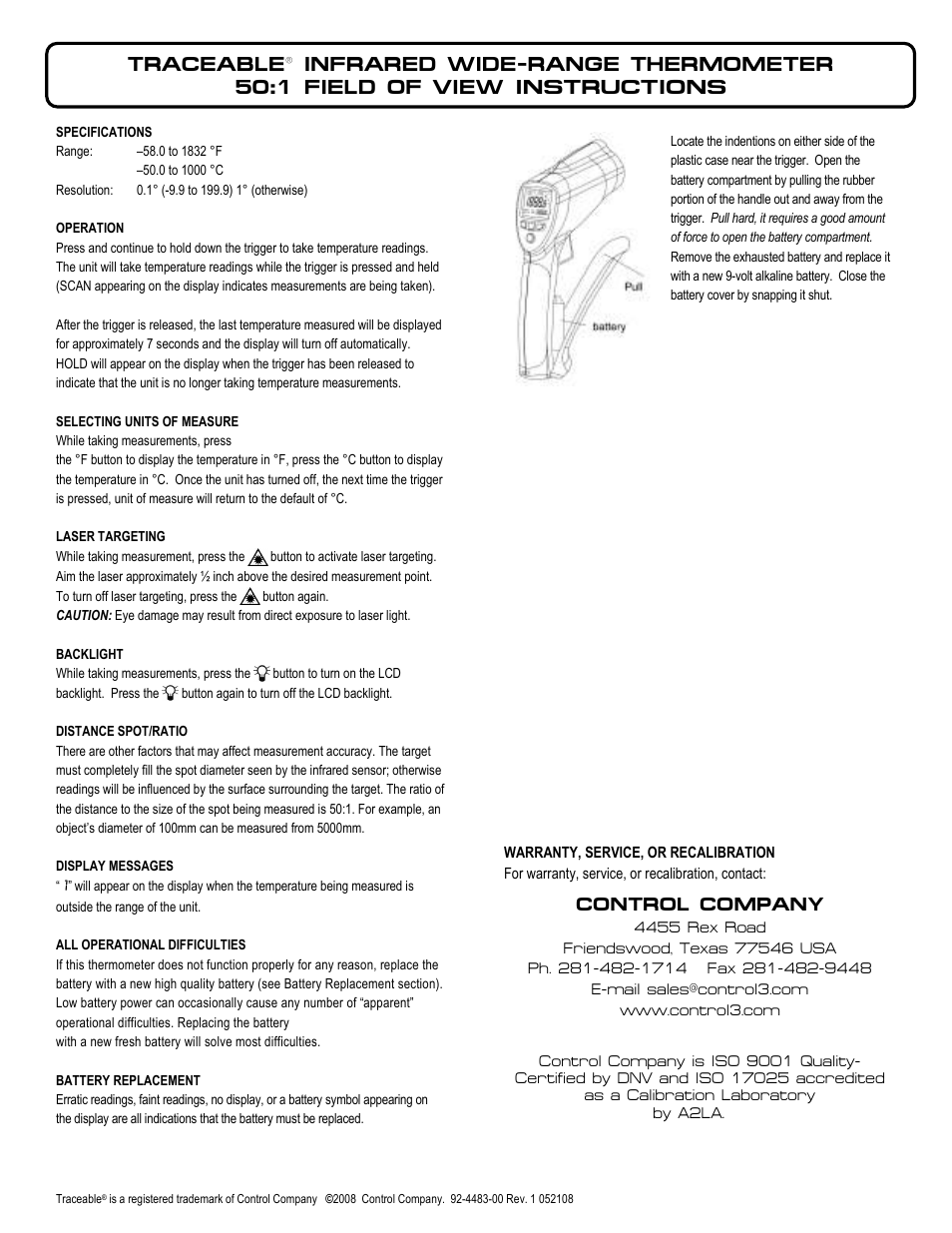 Control Company 4483 INFRARED WIDE-RANGE THERMOMETER 50:1 FIELD OF VIEW User Manual | 1 page
