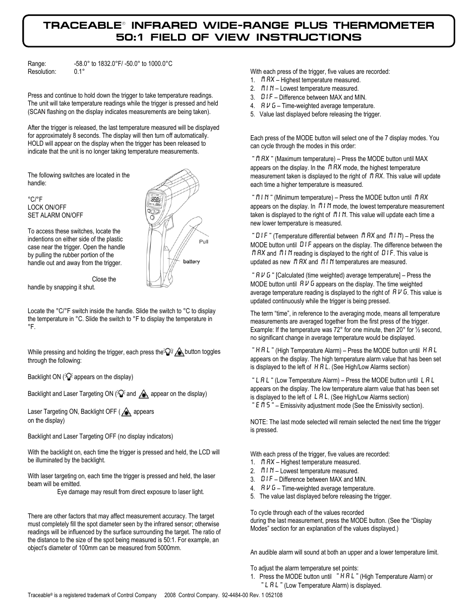 Control Company 4484 INFRARED WIDE-RANGE PLUS THERMOMETER 50:1 FIELD OF VIEW User Manual | 2 pages