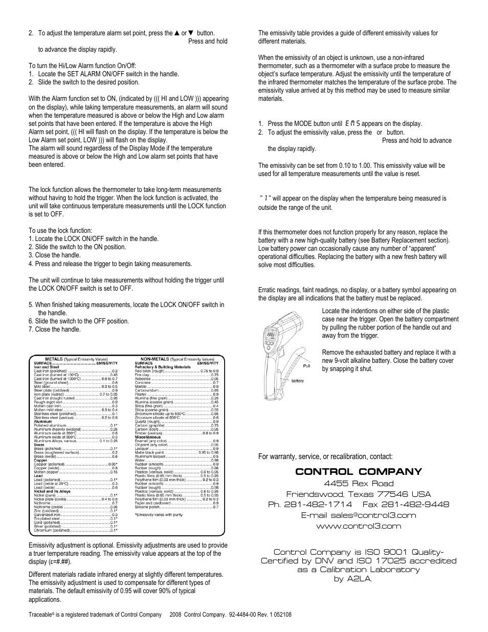 Display messages, All operational difficulties, Battery replacement | Control company | Control Company 4484 INFRARED WIDE-RANGE PLUS THERMOMETER 50:1 FIELD OF VIEW User Manual | Page 2 / 2