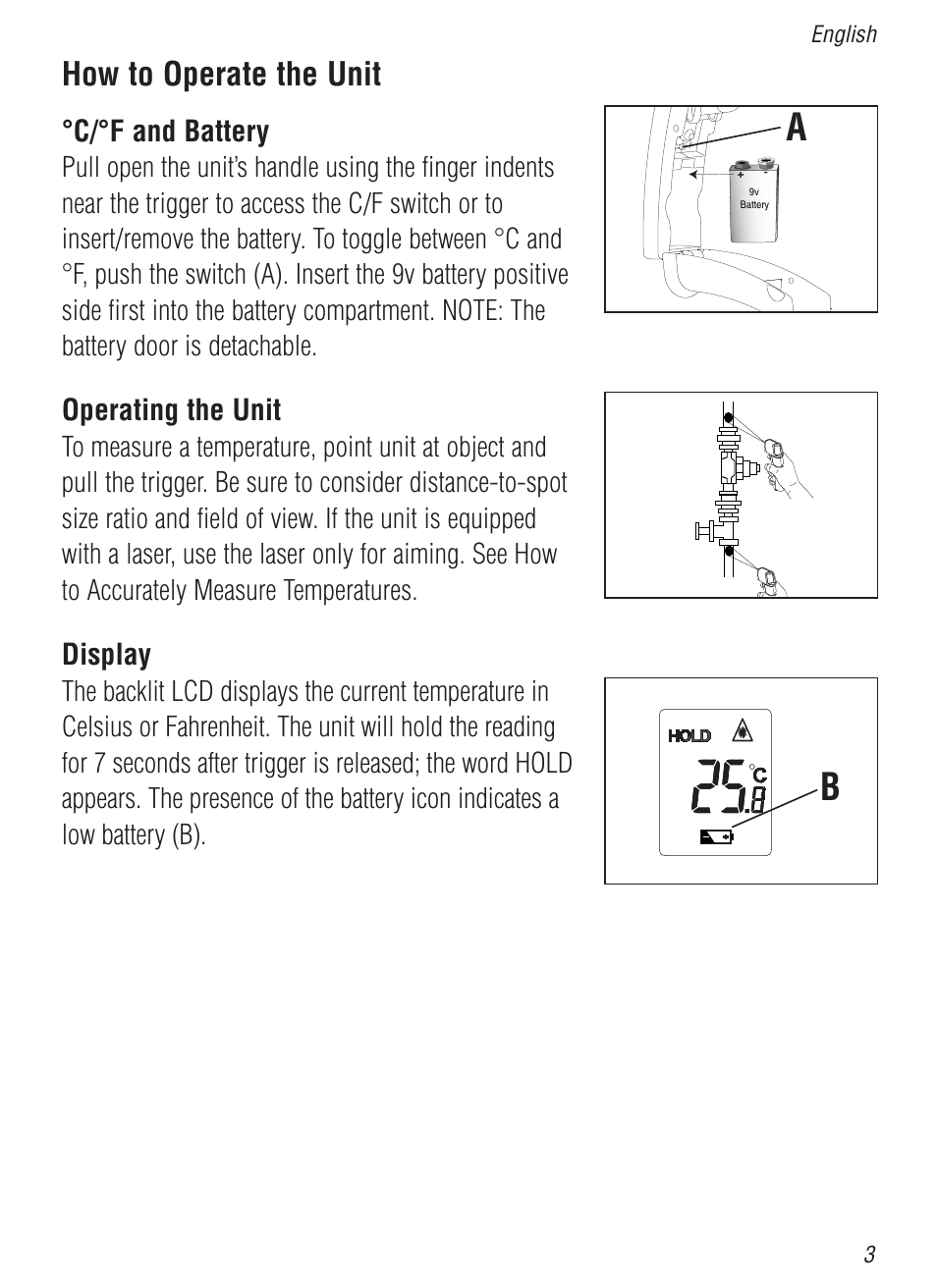 How to operate the unit, C/°f and battery, Operating the unit | Display | Nova-Tech WD-39641-04 User Manual | Page 3 / 6