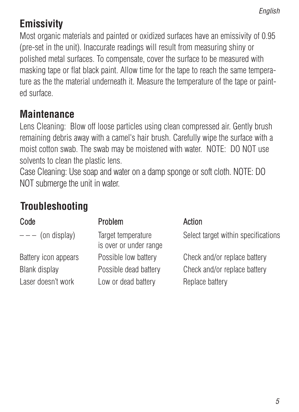 Emissivity, Maintenance, Troubleshooting | Nova-Tech WD-39641-04 User Manual | Page 5 / 6