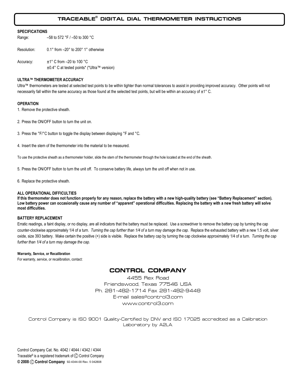 Control Company 4344 DIGITAL DIAL THERMOMETER User Manual | 1 page