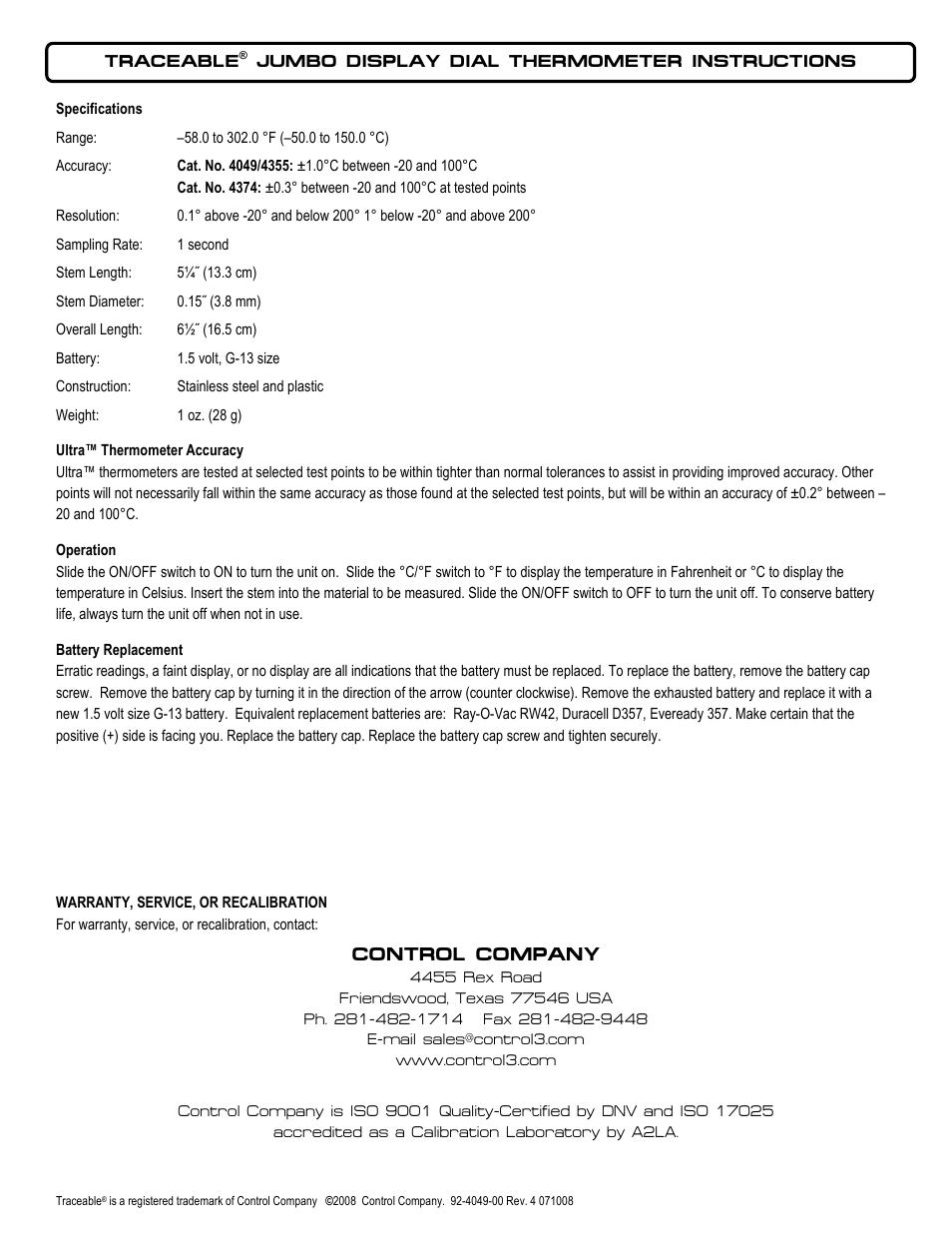 Control Company 4049 JUMBO DISPLAY DIAL THERMOMETER User Manual | 1 page