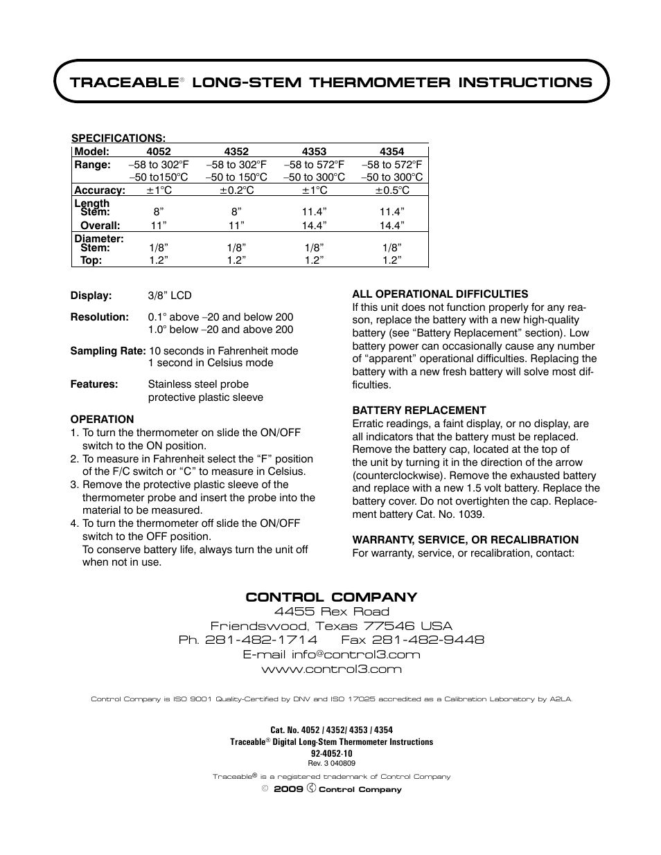 Control Company 4052 LONG-STEM THERMOMETER User Manual | 1 page
