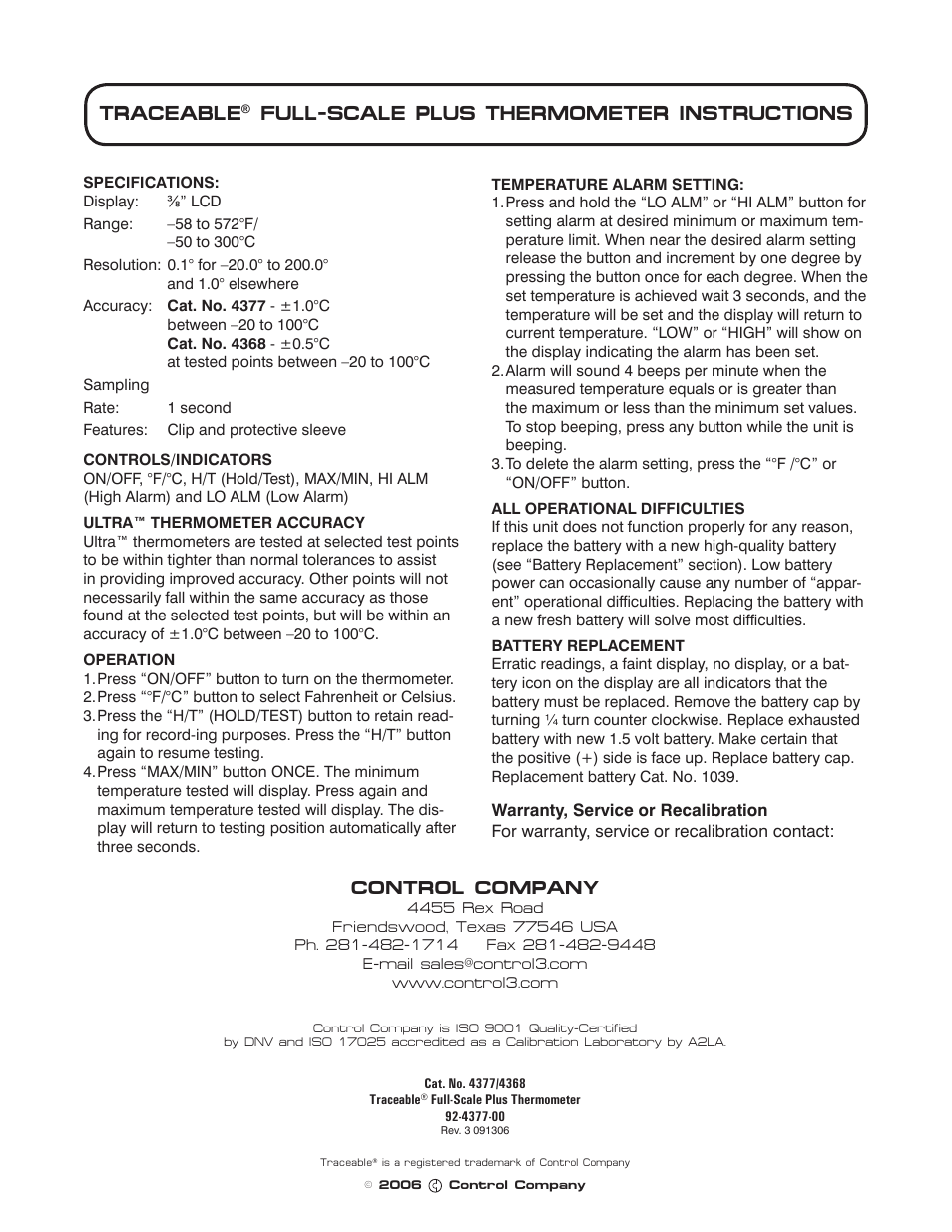 Control Company 4377 FULL-SCALE PLUS THERMOMETER User Manual | 1 page