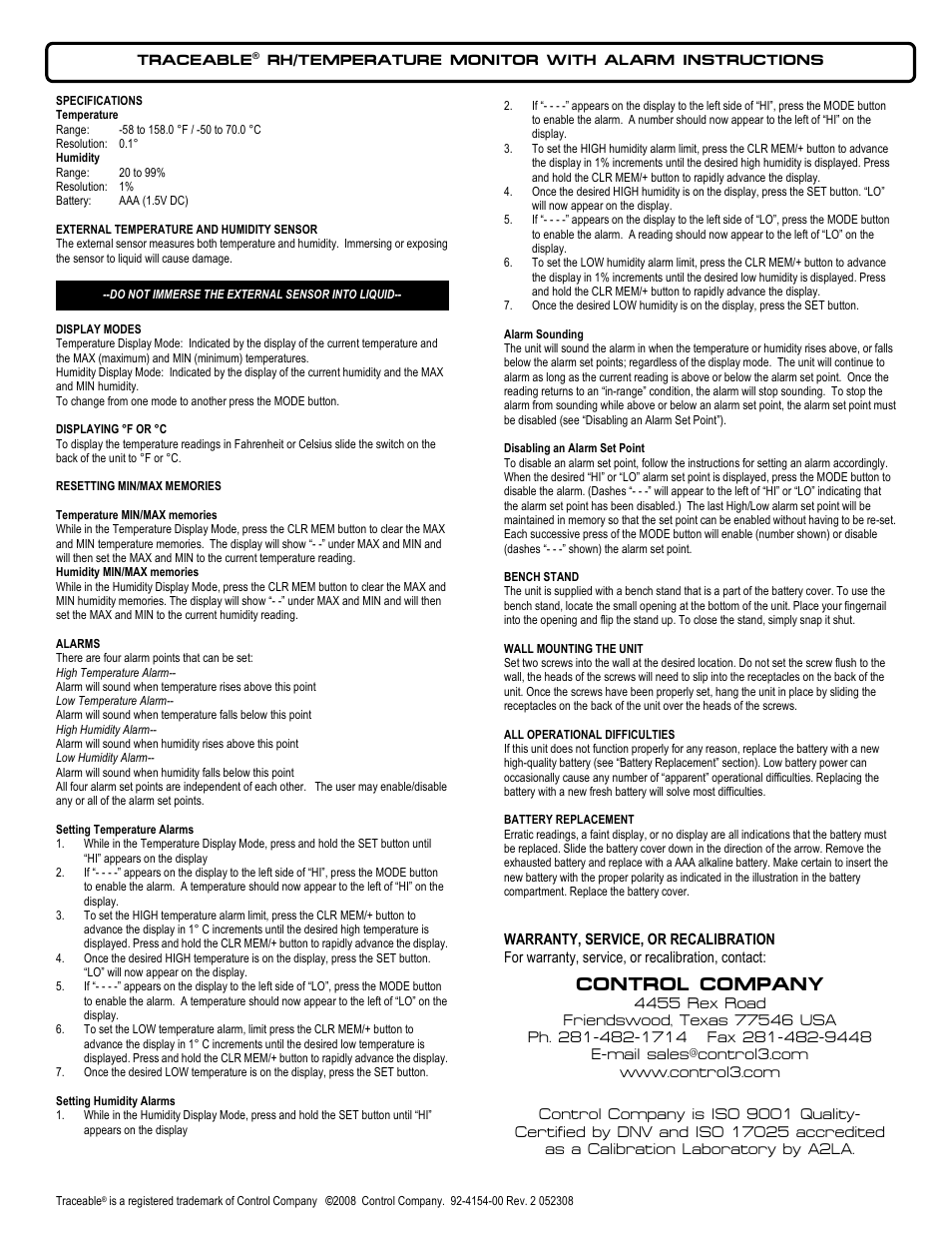 Control Company 4154 RH/TEMPERATURE MONITOR WITH ALARM User Manual | 1 page