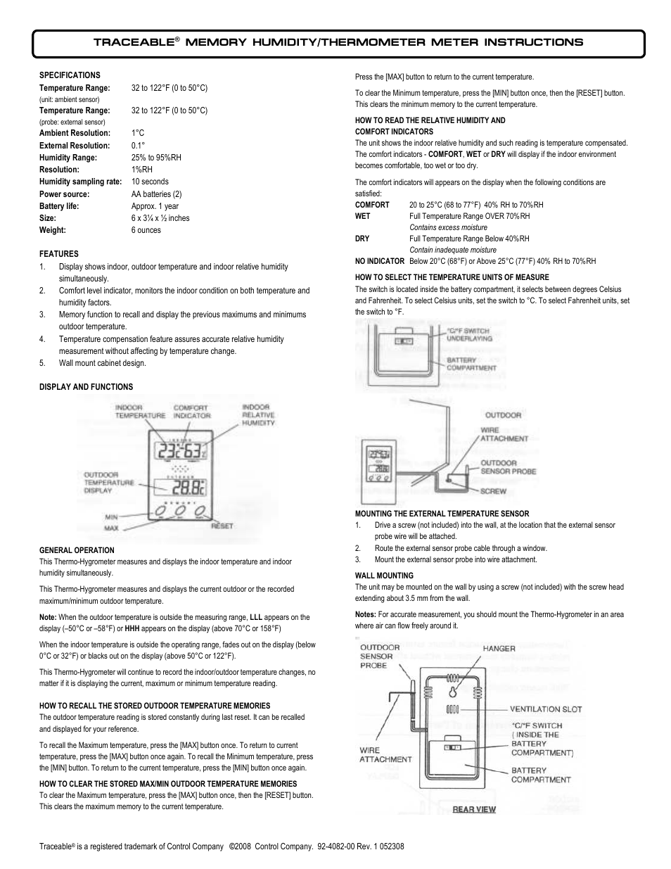 Control Company 4082 MEMORY HUMIDITY/THERMOMETER METER User Manual | 2 pages