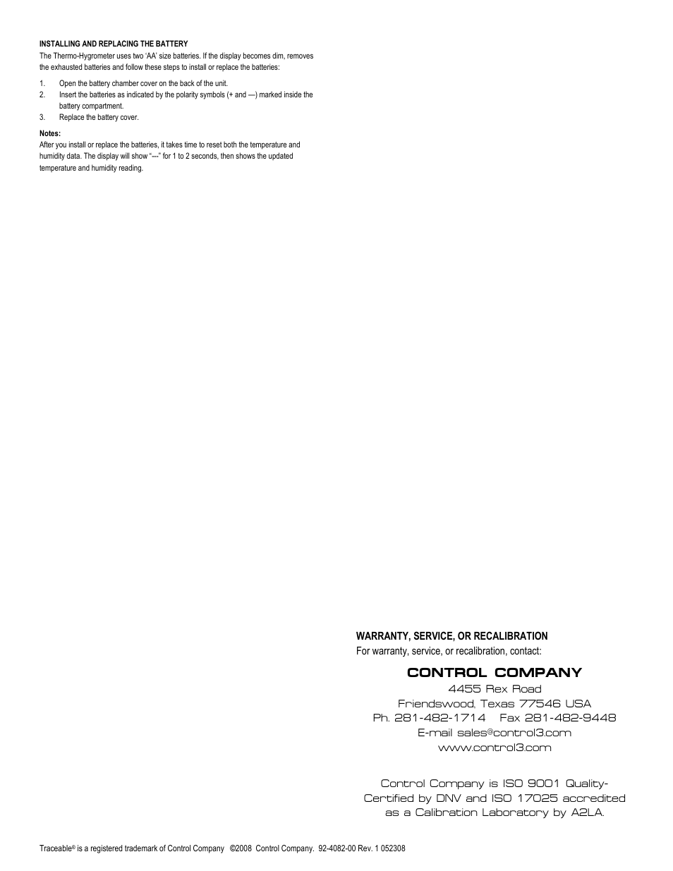 Control company | Control Company 4082 MEMORY HUMIDITY/THERMOMETER METER User Manual | Page 2 / 2