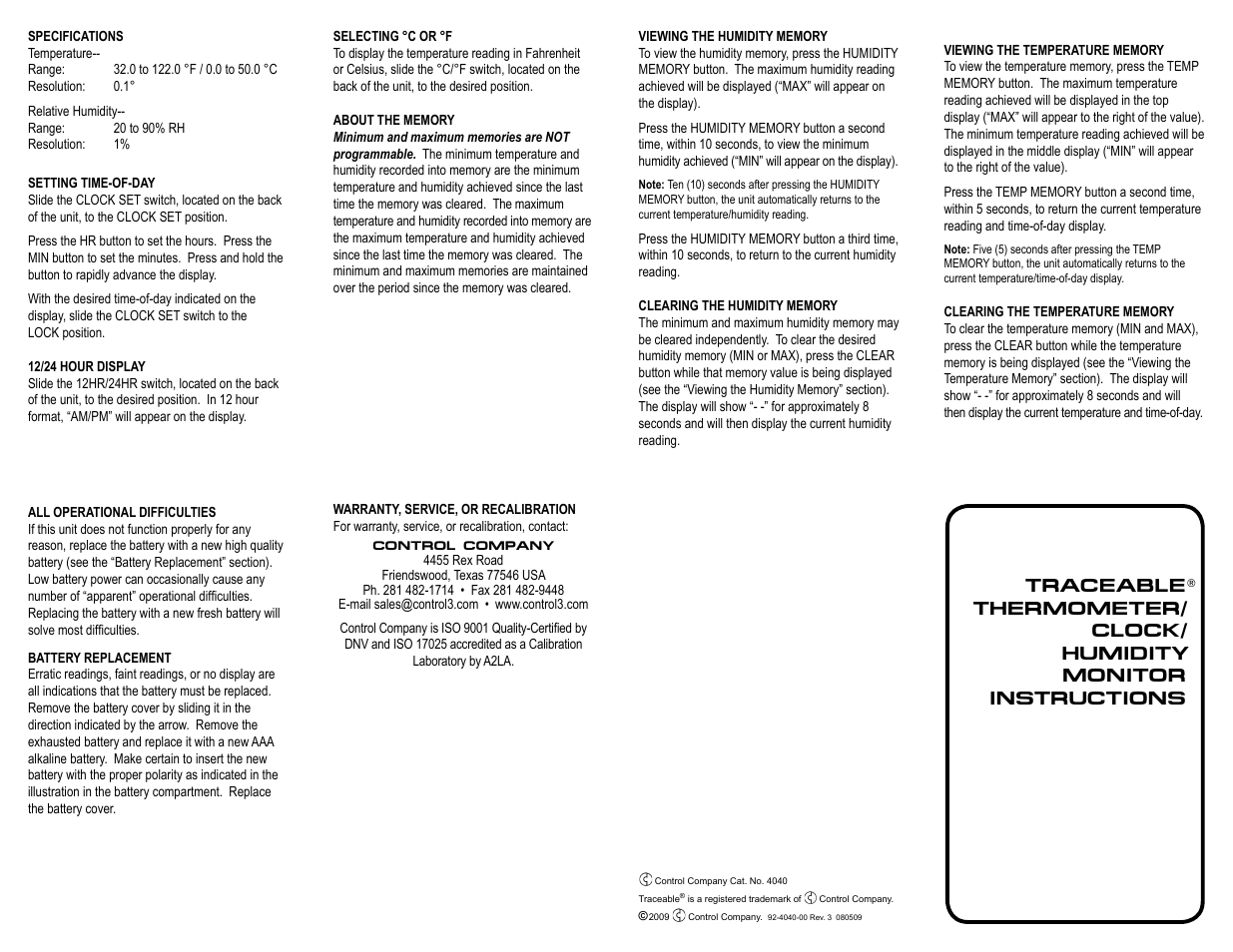 Control Company 4040 THERMOMETER/CLOCK/HUMIDITY MONITOR User Manual | 1 page