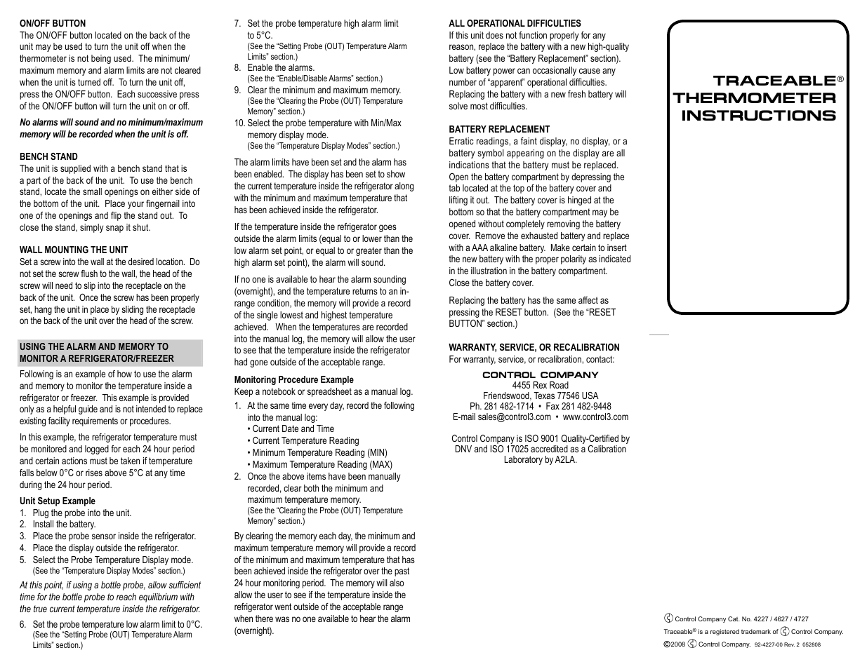 Thermometer instructions, Traceable | Control Company 4227 TRACEABLE THERMOMETER User Manual | Page 2 / 2
