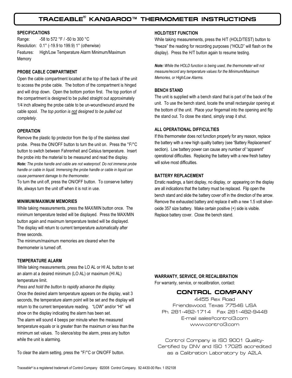 Control Company 4430 KANGAROO THERMOMETER User Manual | 1 page
