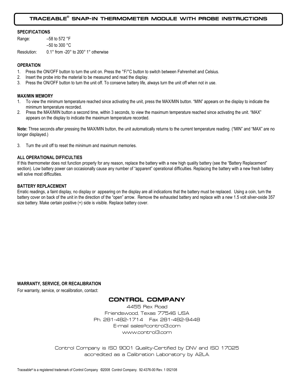 Control Company 4376 SNAP-IN THERMOMETER MODULE WITH PROBE User Manual | 1 page