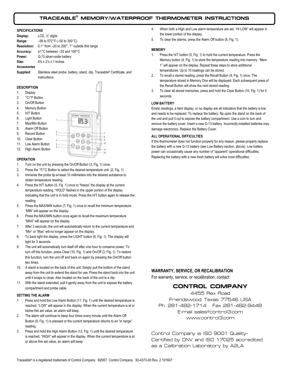 Nova-Tech 4373 TRACEABLE MEMORY_WATERPROOF THERMOMETER User Manual | 1 page