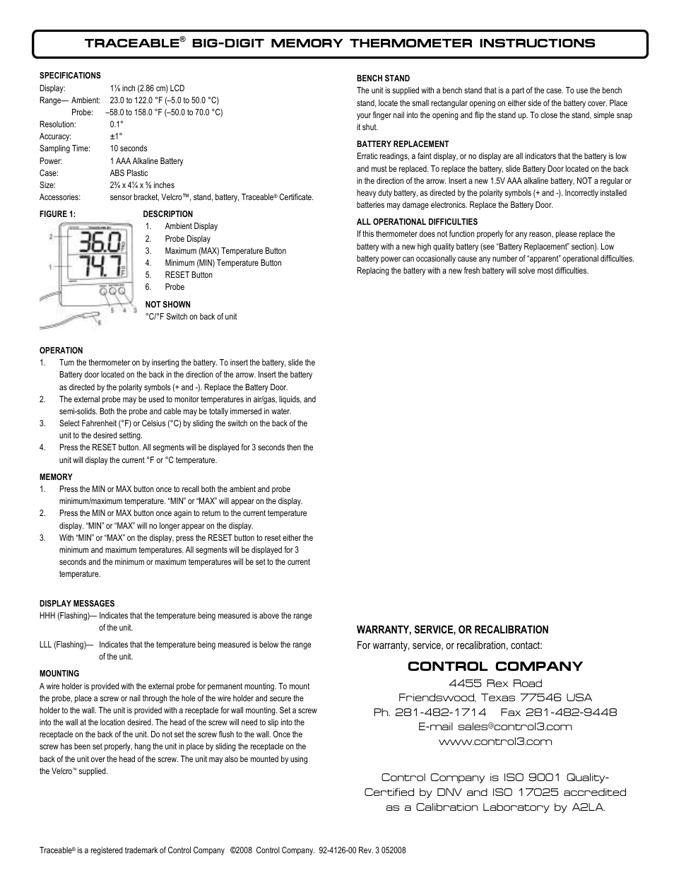 Control Company 4126 BIG-DIGIT MEMORY THERMOMETER User Manual | 1 page