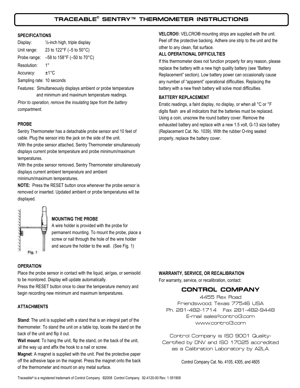 Control Company 4120 SENTRY THERMOMETER User Manual | 1 page