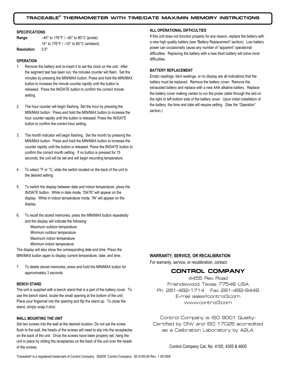 Nova-Tech 4605 TRACEABLE THERMOMETER WITH TIME_DATE MAX_MIN MEMORY User Manual | 1 page